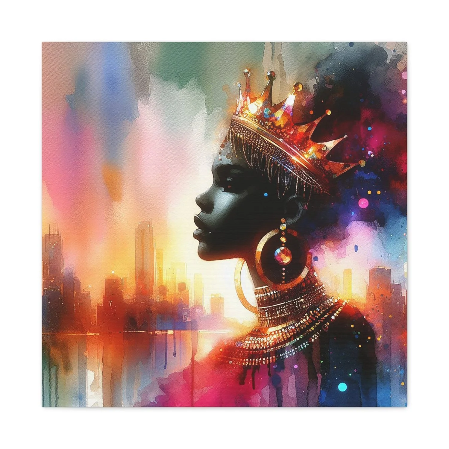 A digital artwork of a woman with dark skin wearing a crown, large earrings, and jewelry. The background features a city skyline with colorful, abstract splashes and drips of paint.