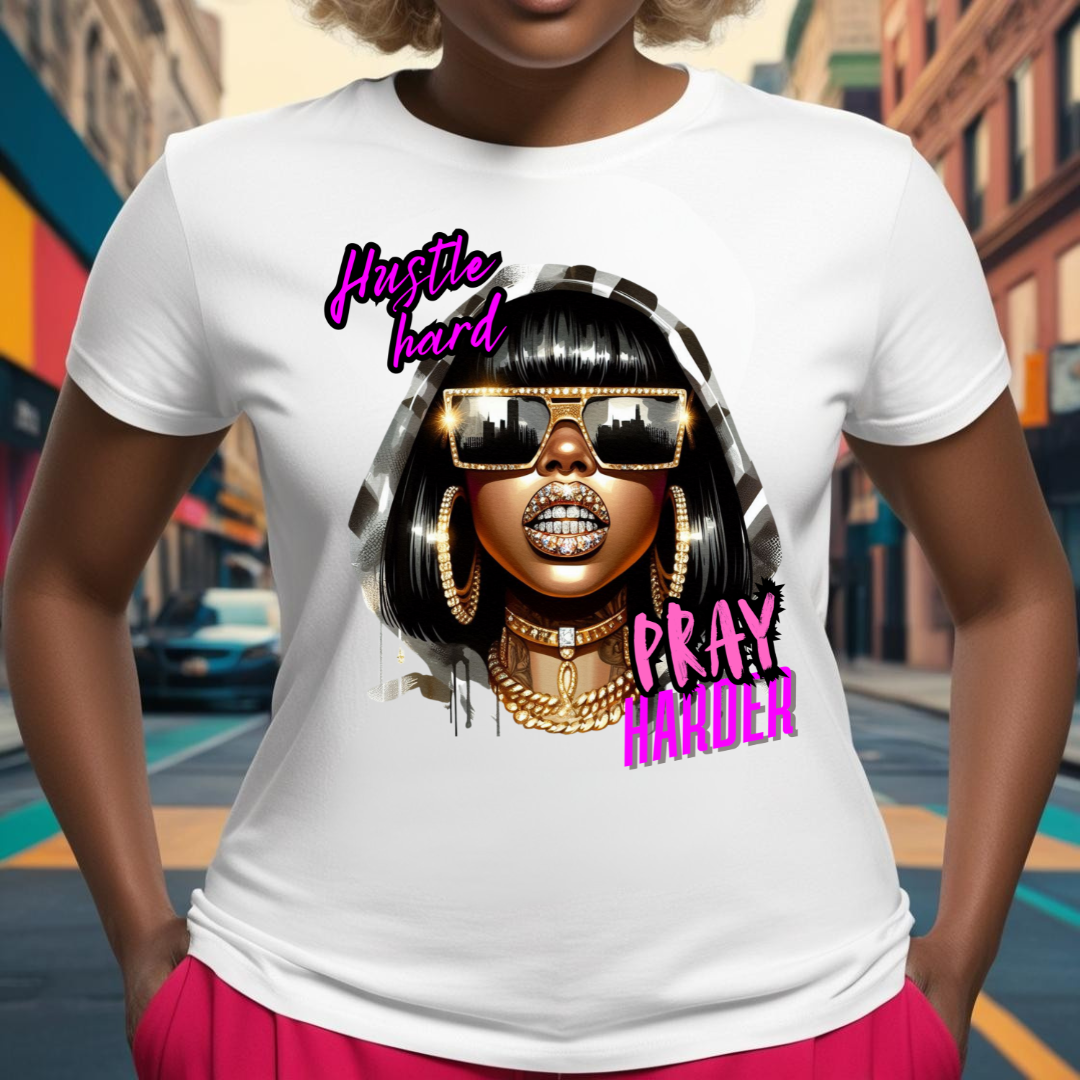 Hustle Hard Pray Harder Graphic Tee — Faith-Fueled Queen Shirt