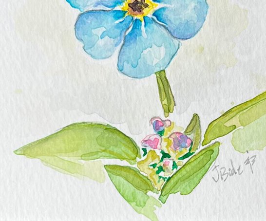 Detail image of the foliage portion of the forget-me-not watercolor painting.