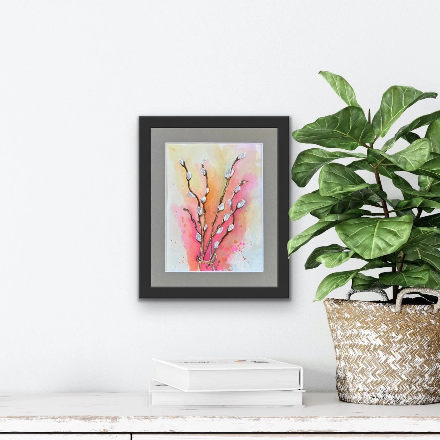 Sample photo of how the pussy willow painting can look when framed and hung on your walls.