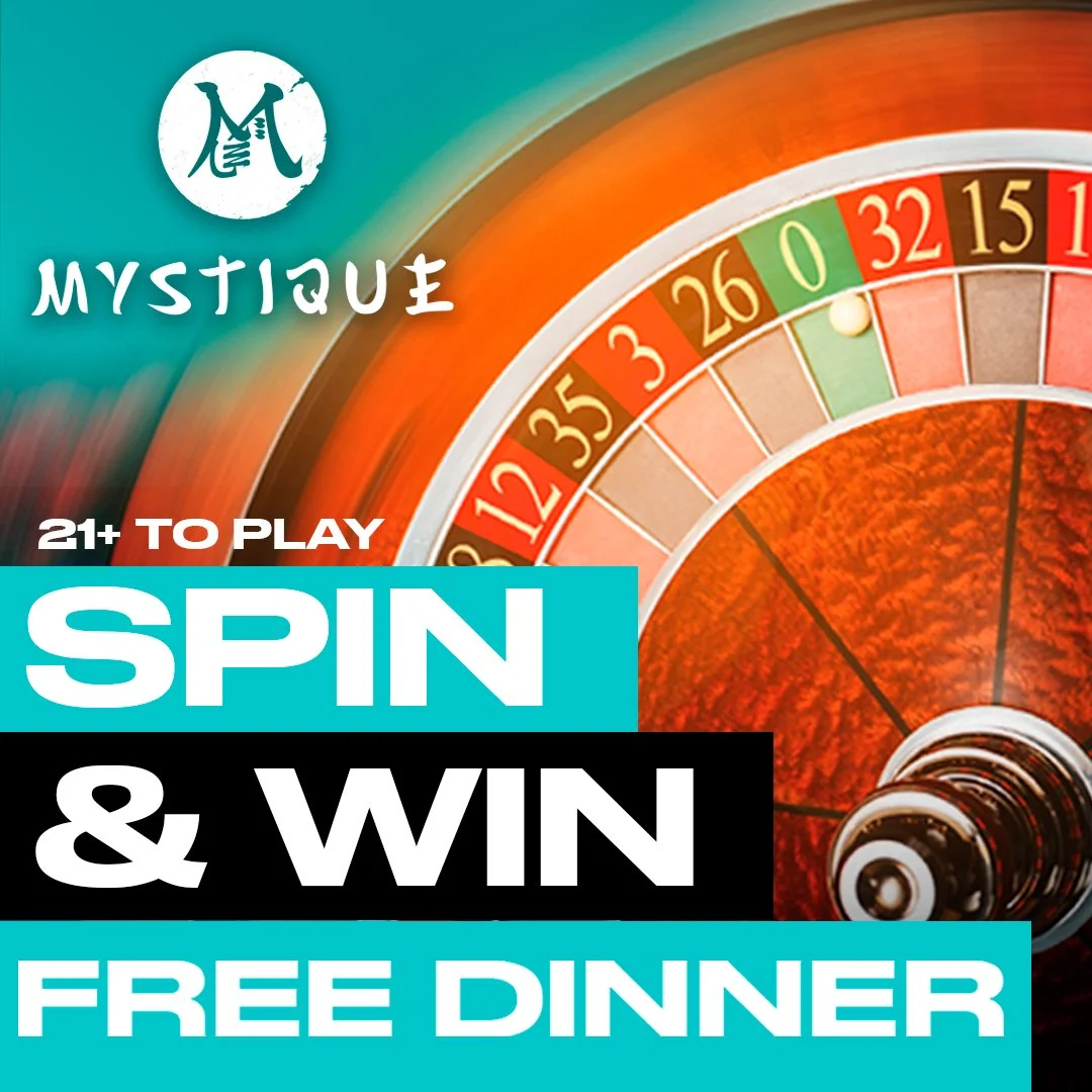 A roulette wheel with red, black, and green sections, and text overlay promoting a gambling game called 'Mystique' with a tagline '21+ to play, spin & win, free dinner.'