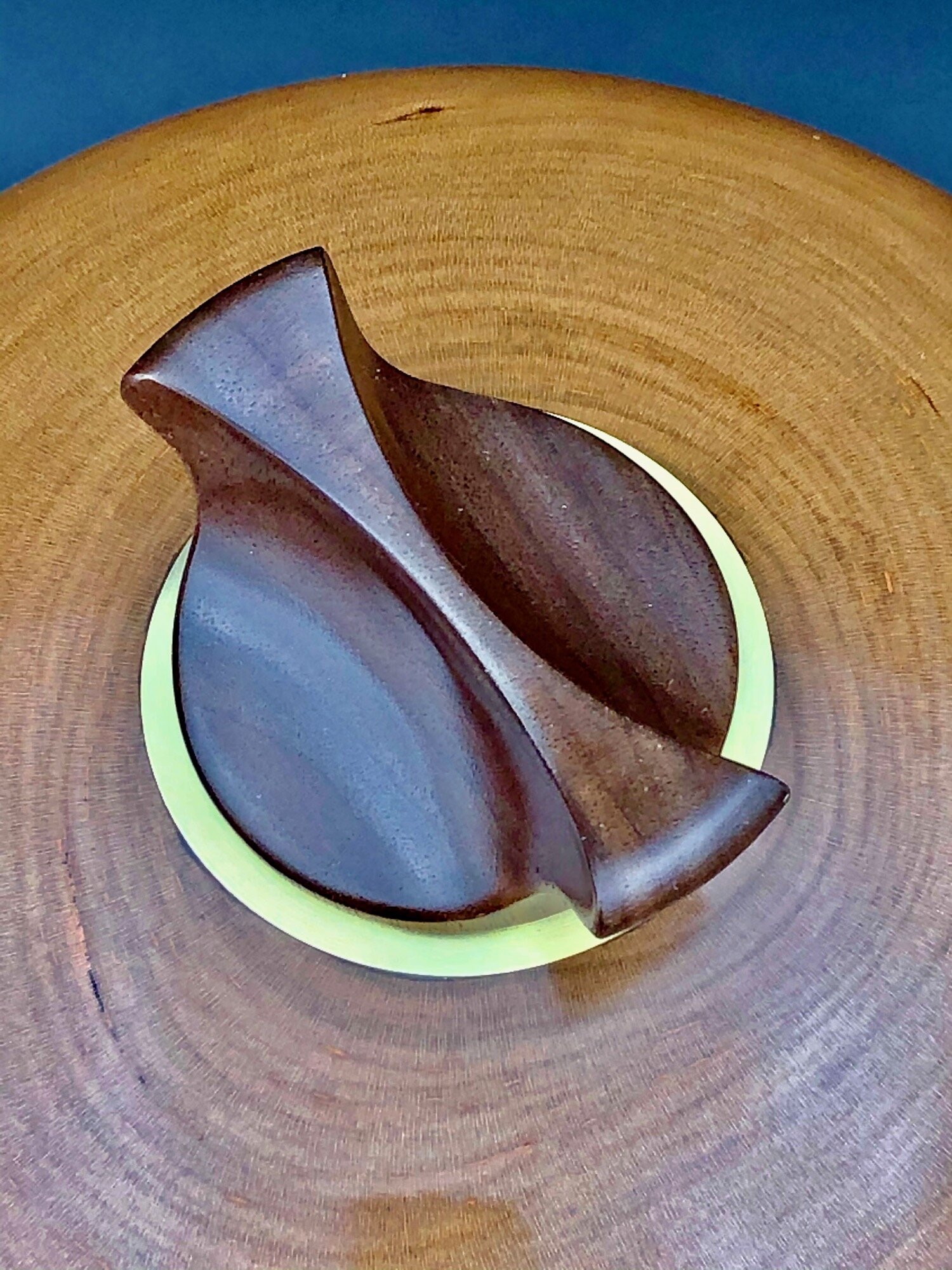 Black walnut lid, hand turned on the lathe and then hand carved,