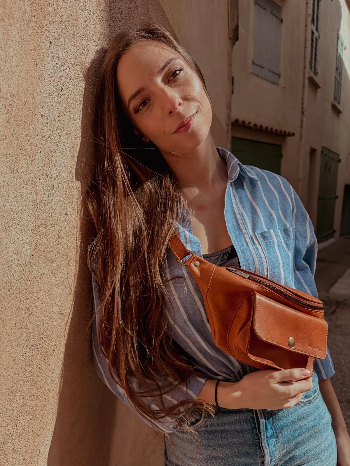 sac banane cuir marron souple