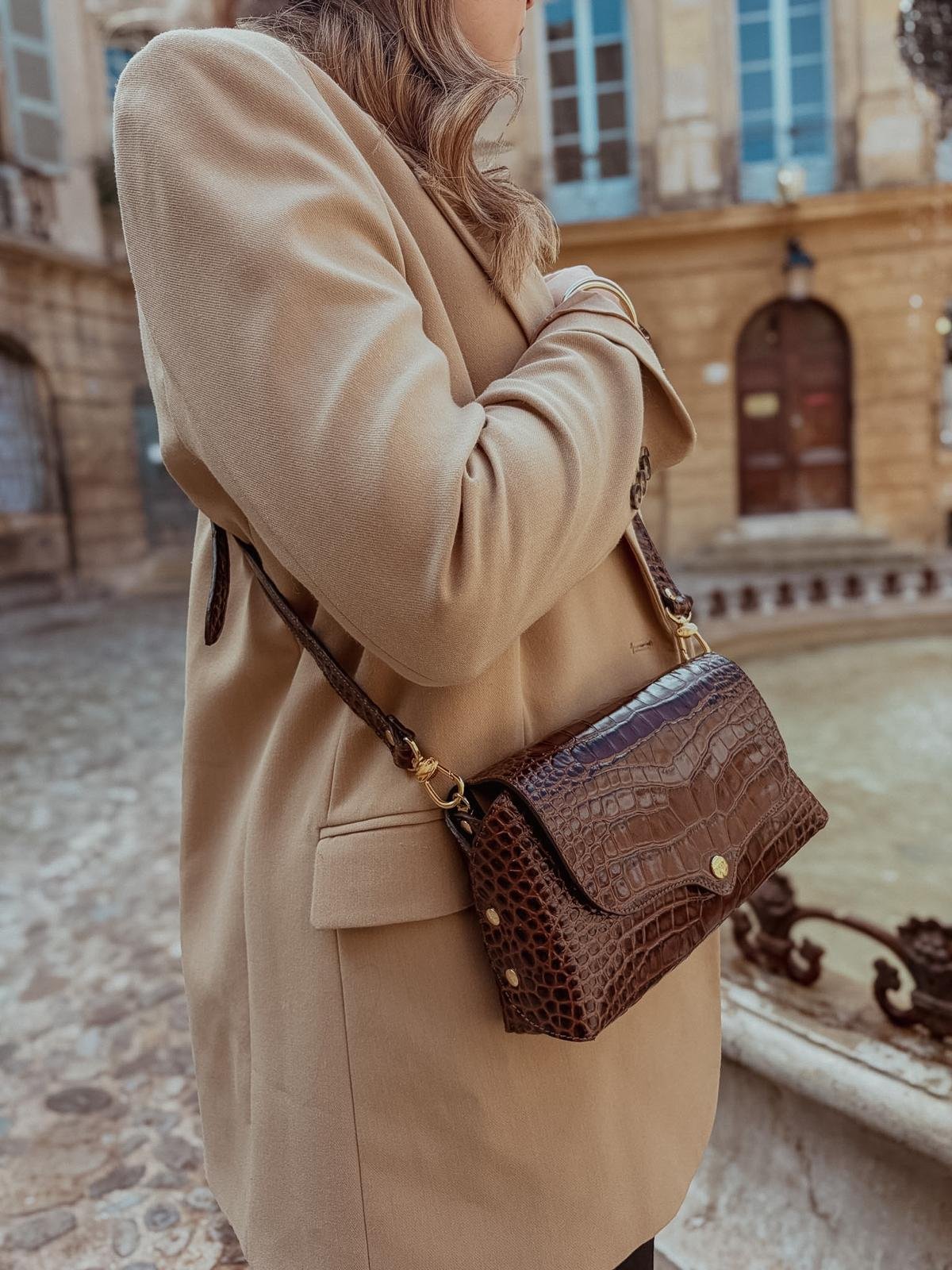 sac en cuir marron chocolat style crocodile