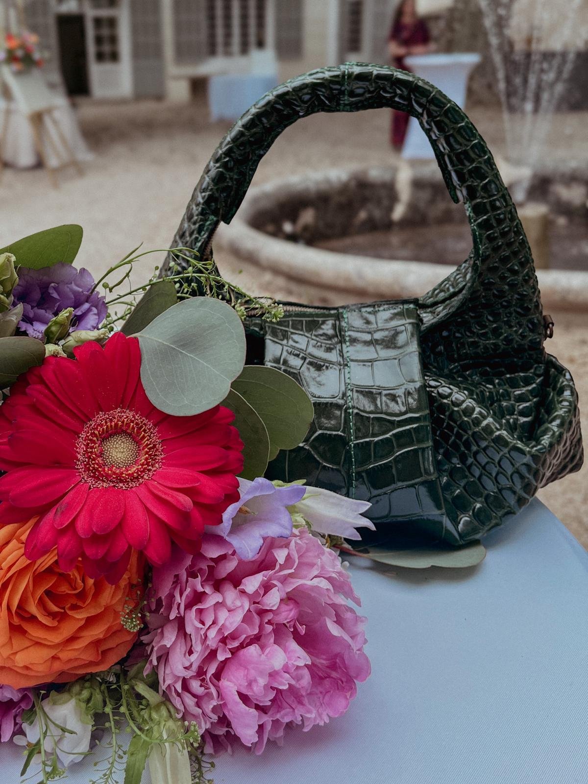 sac en cuir vert effet crocodile