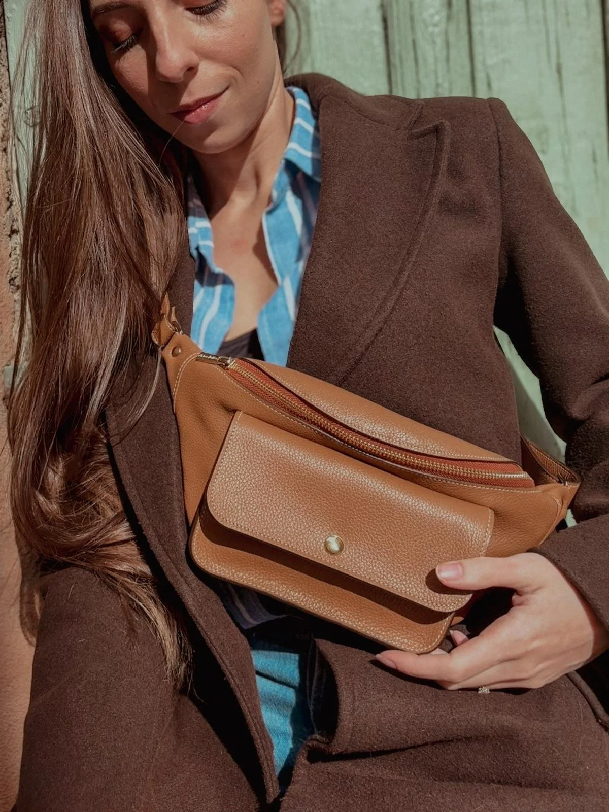 sac banane en cuir camel