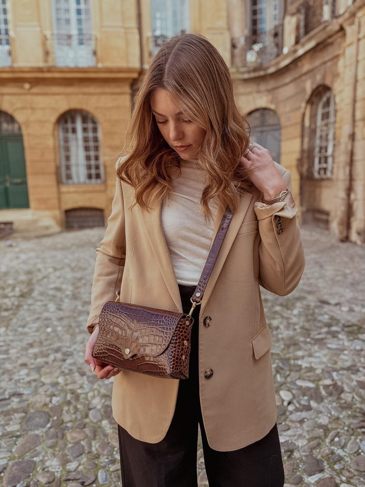 sac en cuir marron croco