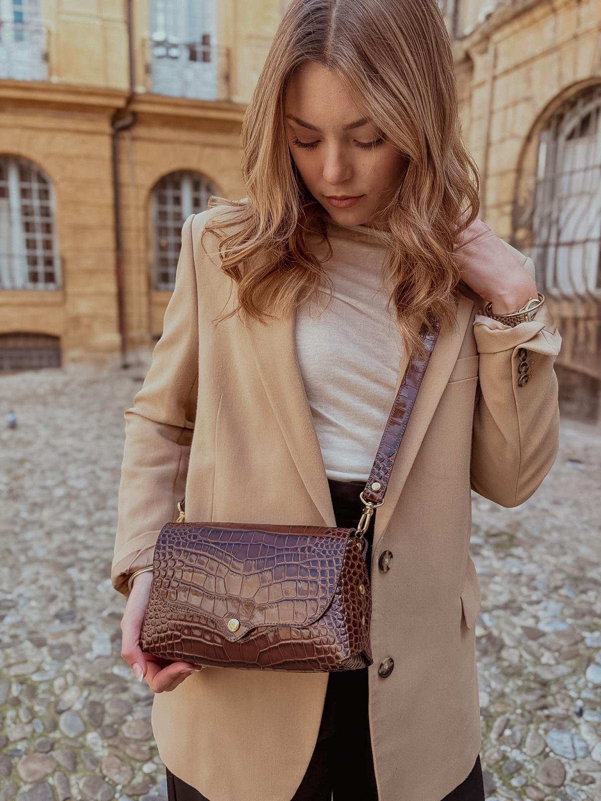 sac en cuir marron chocolat style crocodile