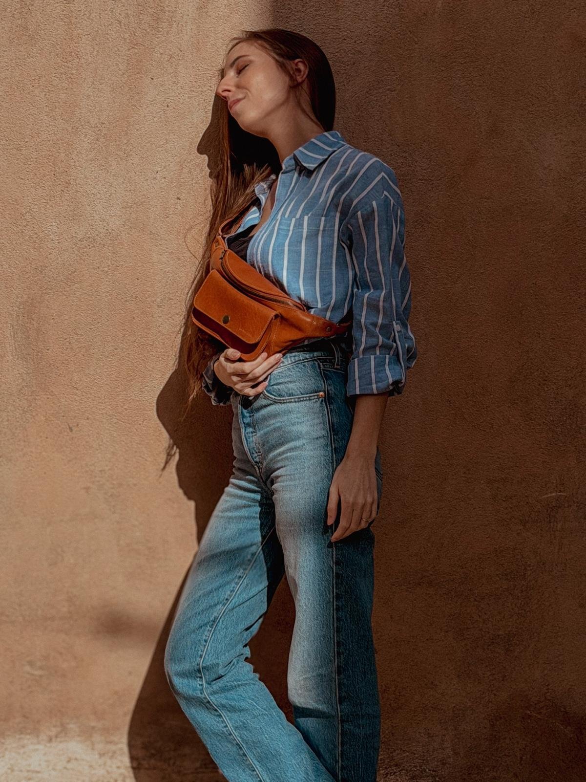 sac banane cuir marron souple