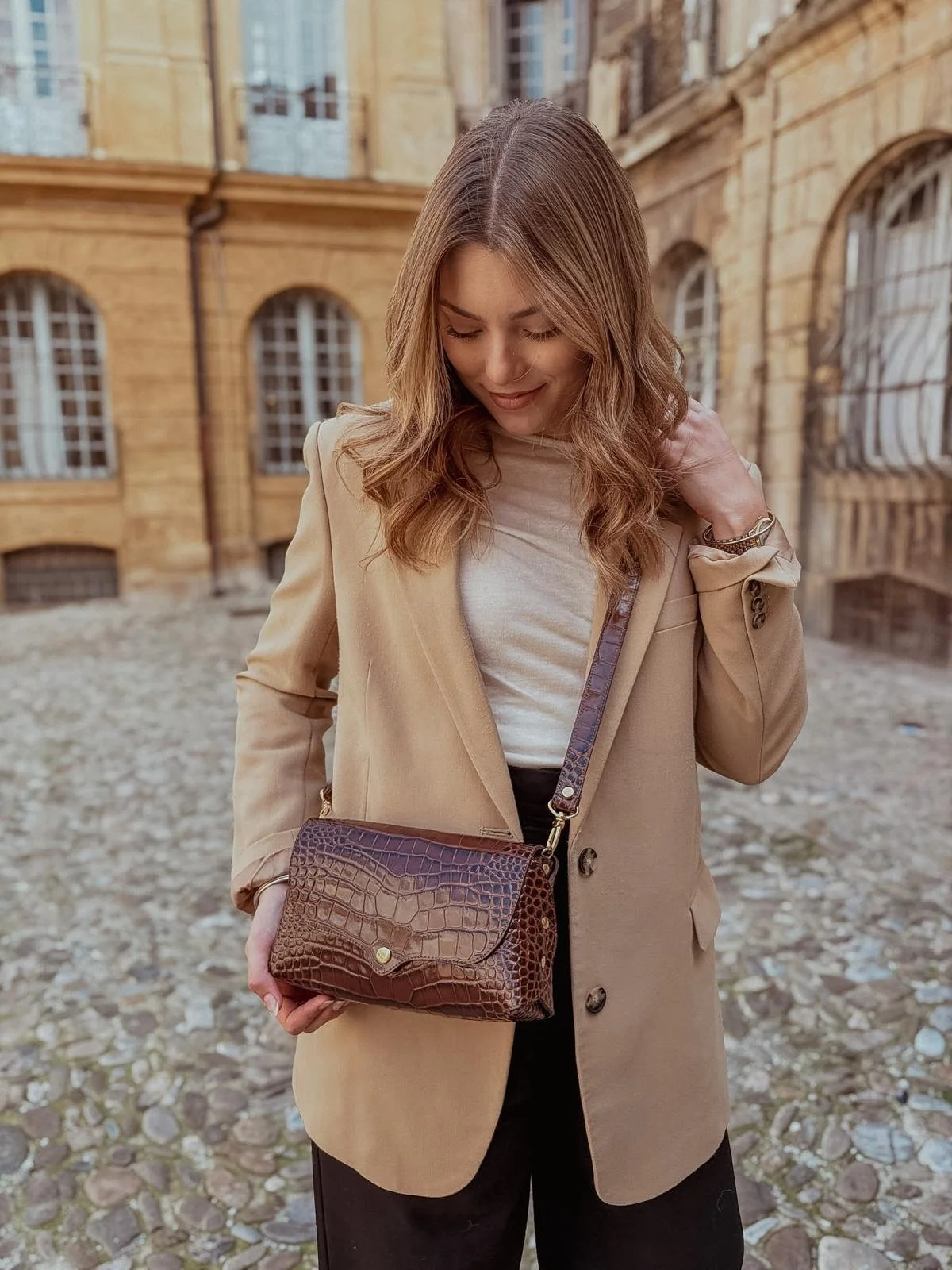 sac en cuir marron chocolat style crocodile