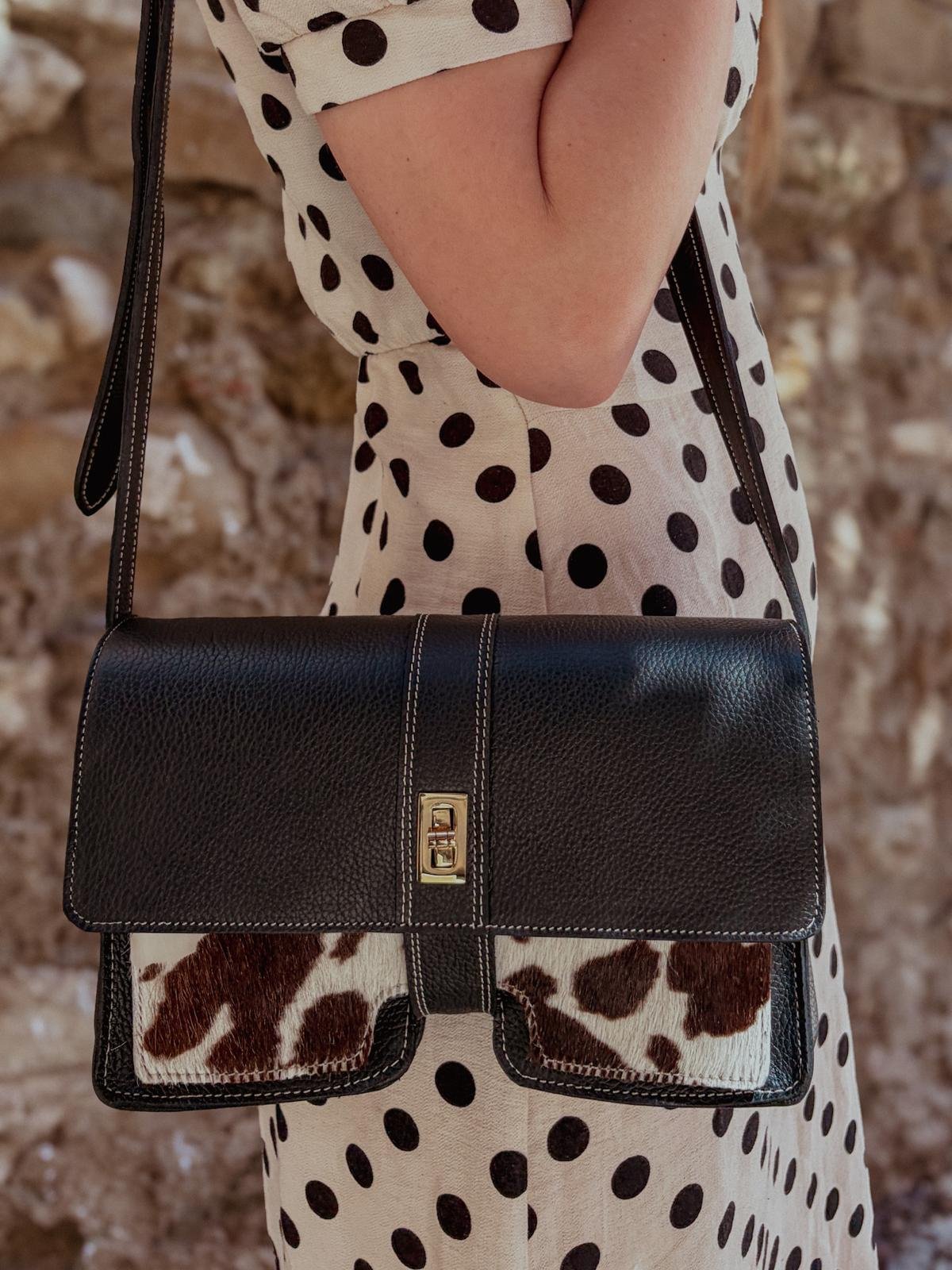 Sac en cuir noir et effet vachette