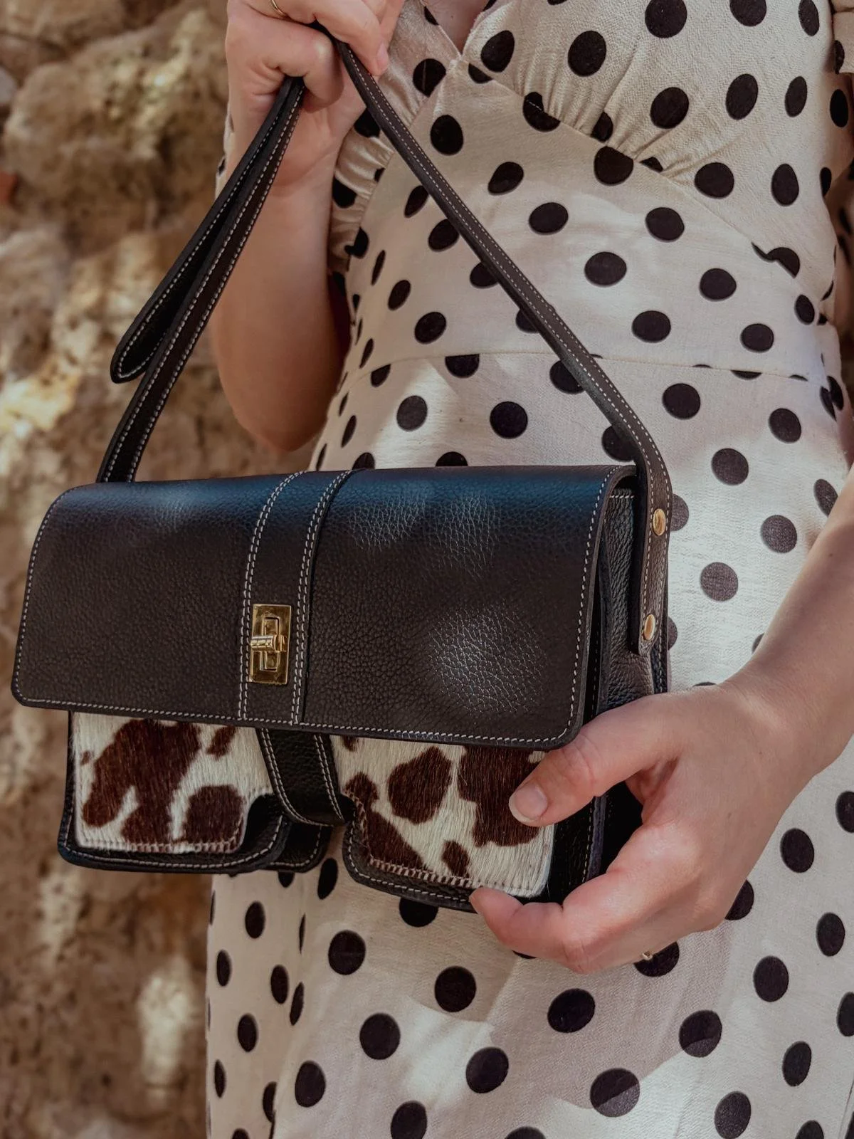 Sac en cuir noir et imprimé vachette