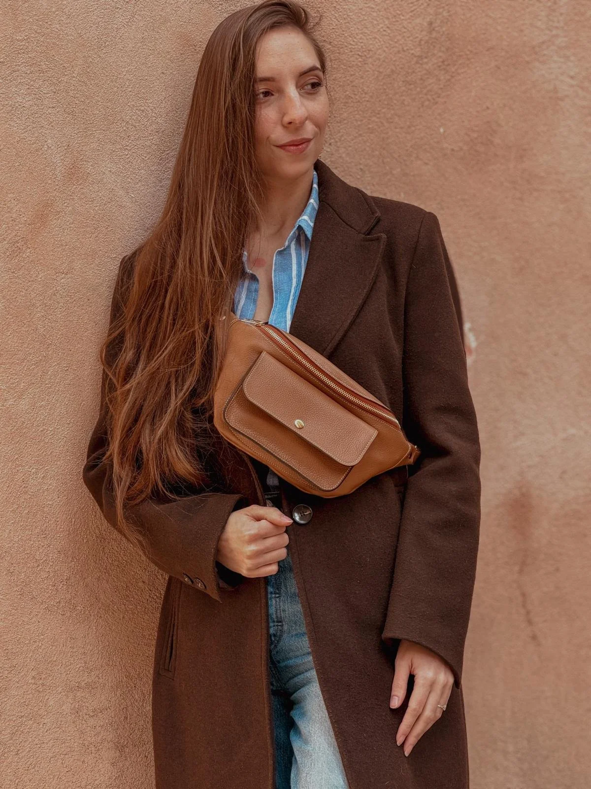sac banane cuir camel grainé