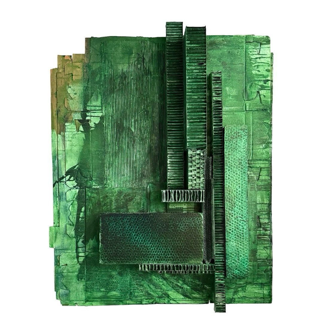 They Called Us The Emerald City, acrylic, house paint, spray paint and salt on salvaged cardboard, 59&rdquo;x46.5&rdquo;x9&rdquo;, 2024. 
.
As I see more and more old, beautiful buildings being torn down around Los Angeles, I&rsquo;m reminded of the 