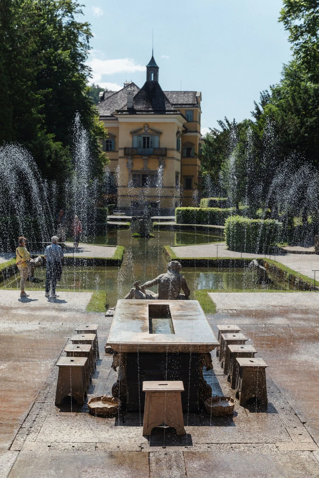 trick fountains at hellbrunn palace in salzburg