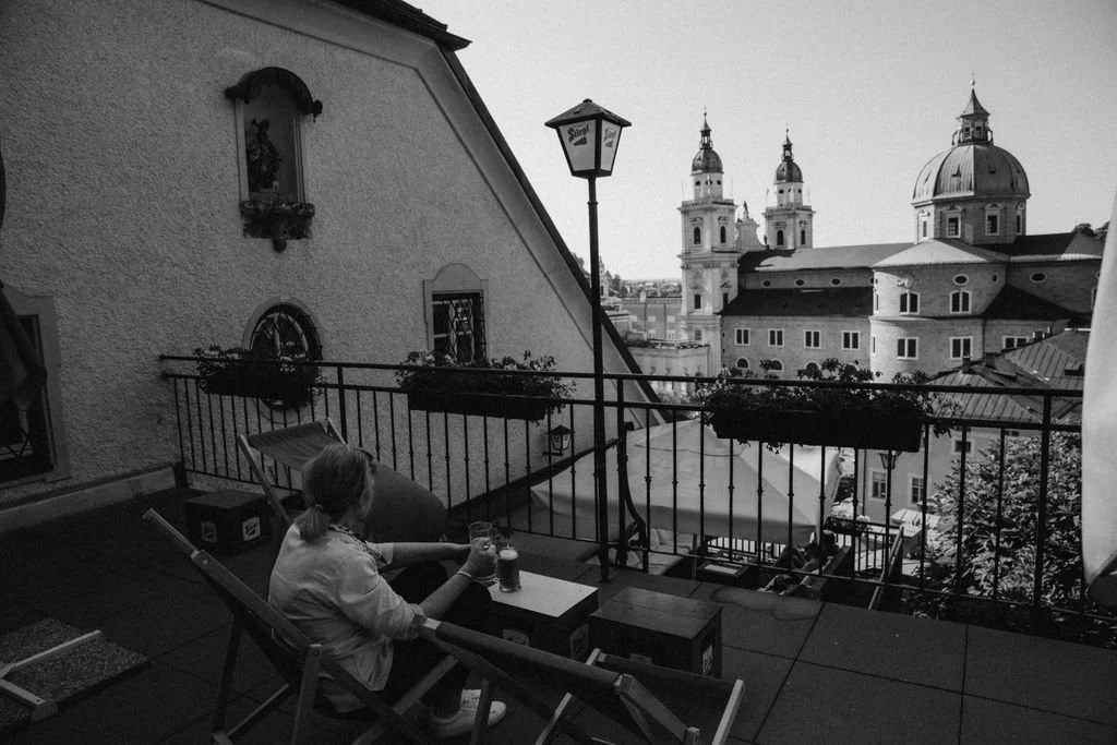 view with beer from stiegl restaurant salzburg