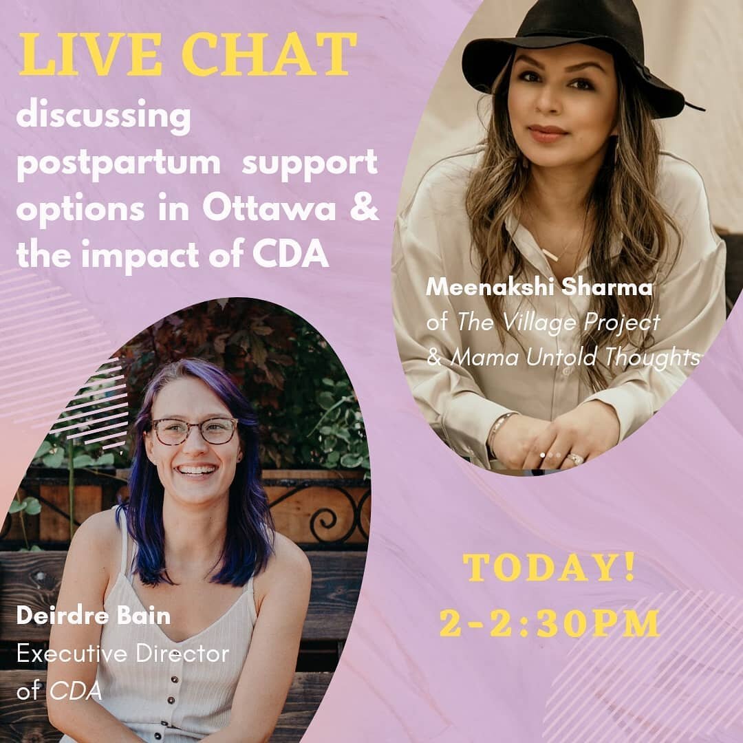 If you've been following along with us here at Community Doula Access (CDA) but aren't exactly sure what we do and how we do it, join us for a quick live chat at 2pm with our executive director, Deirdre Bain of @orchiddoula and Meenakshi Sharma of @m
