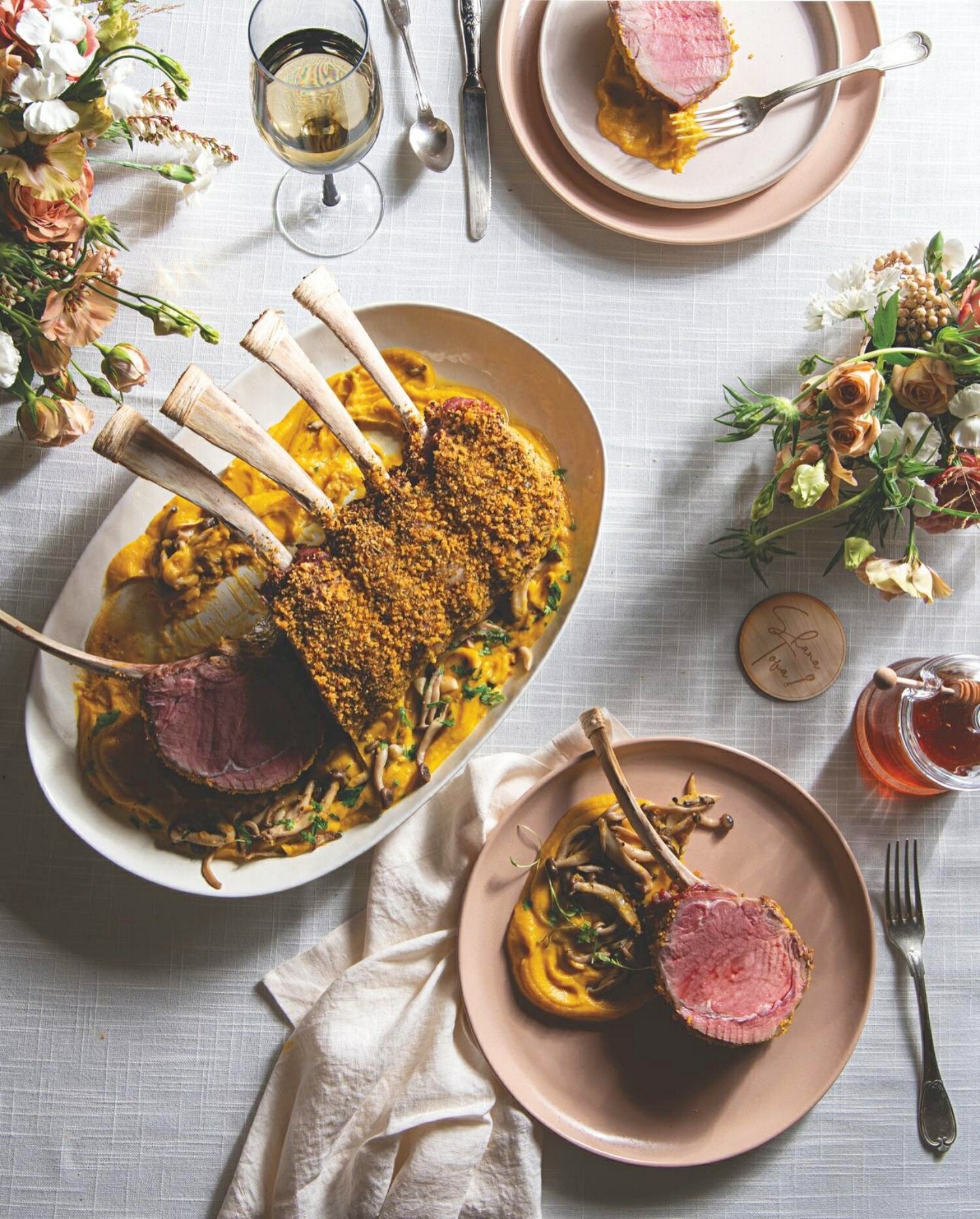 TarragonCrusted Veal Rack with Butternut Squash Cream and Sauteed