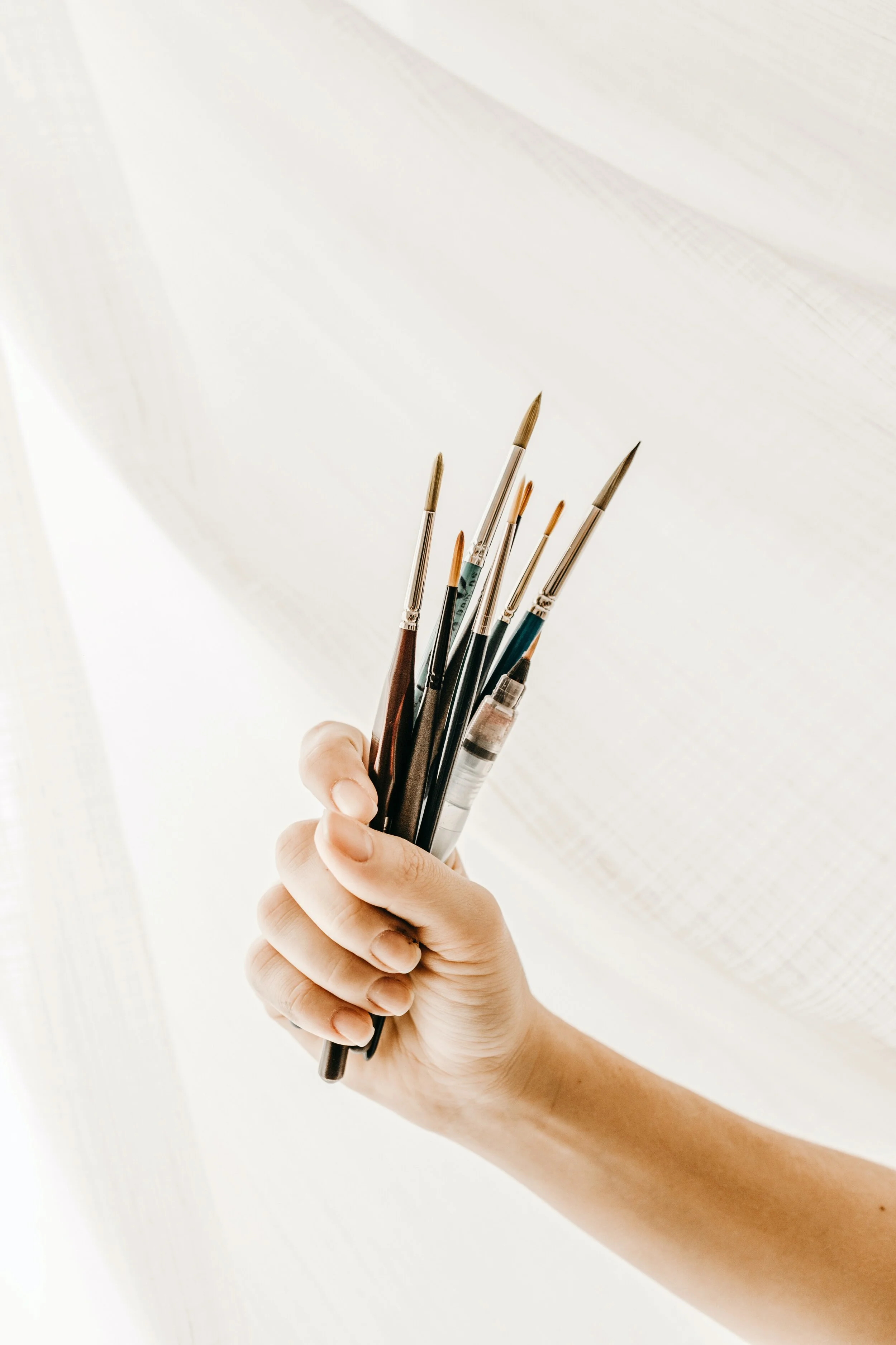 A hand holding a variety of paintbrushes with different brush tips.