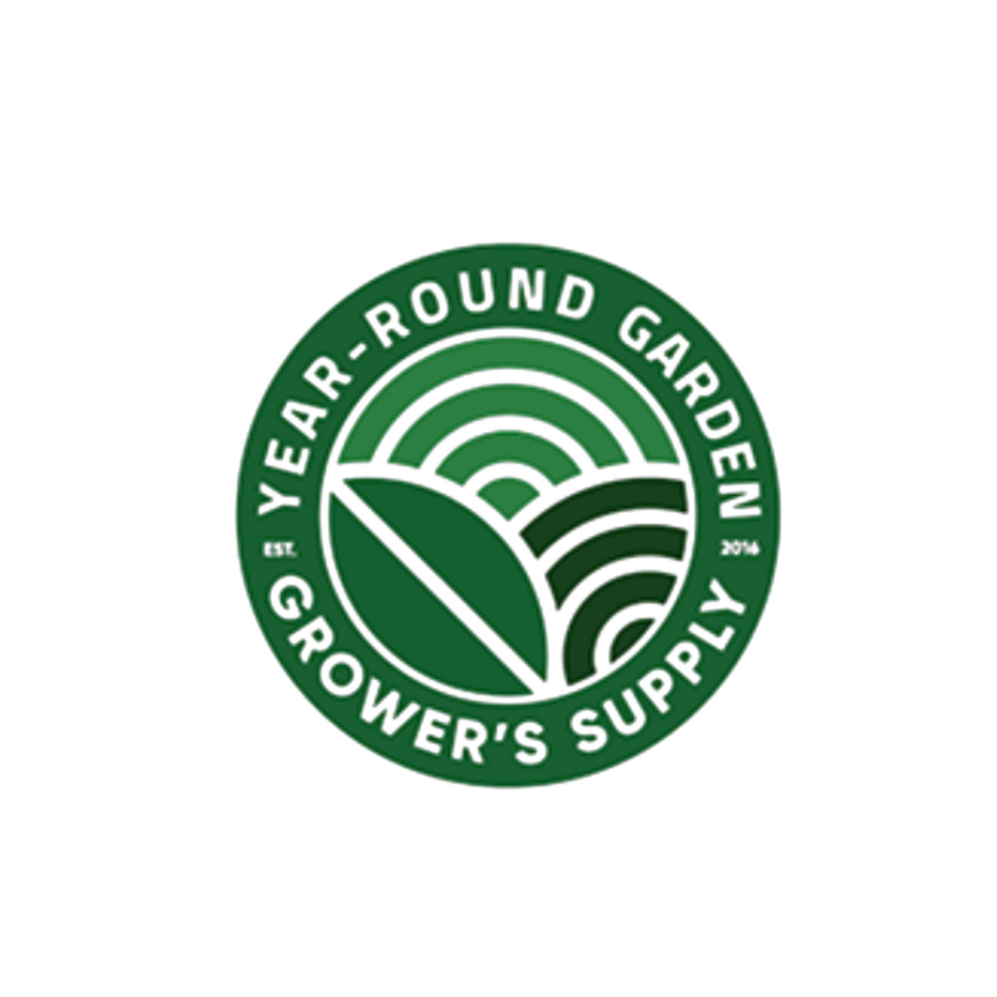 Green circular logo with text 'YEARS-ROUND GARDEN' and 'GROWER'S SUPPLY' surrounding a stylized field and landscape design.
