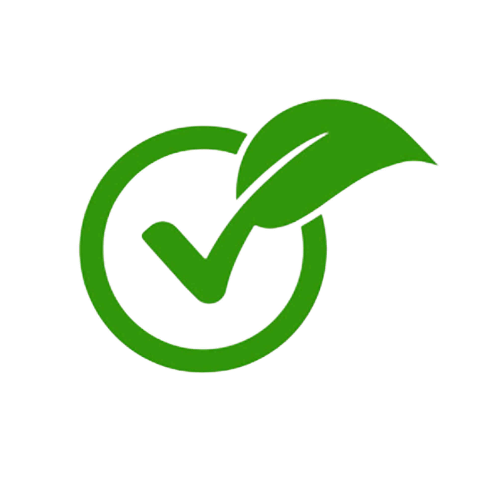 Green checkmark inside a circle with two overlapping leaves, symbolizing eco-friendly approval.