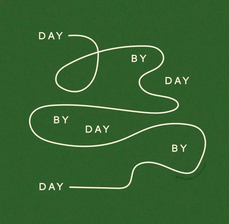 A green chalkboard with a white chalk drawing of a meandering line labeled "Day by day" that loops around itself multiple times.