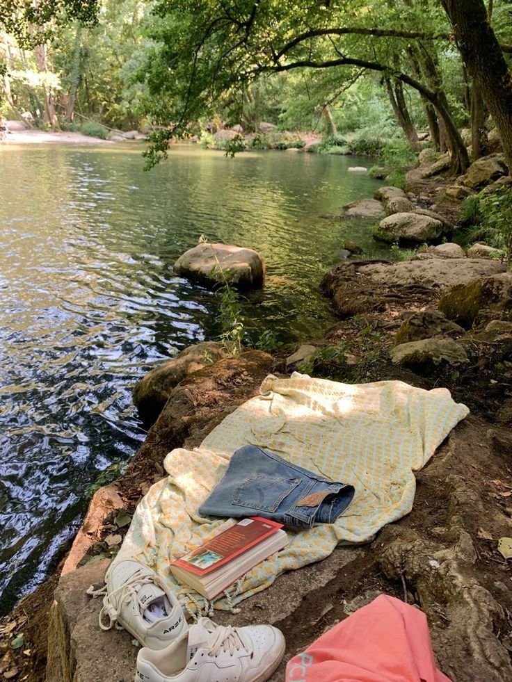 A blanket with denim shorts, a white sneaker, a red book, and some pink clothing on a large rock by a river in a lush green forest.