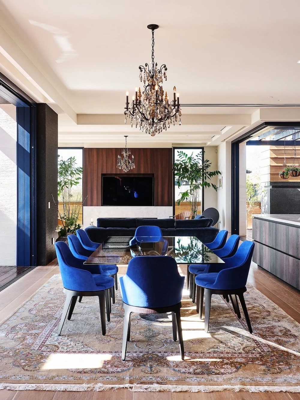 A modern dining area featuring a glass table surrounded by six blue velvet chairs with black legs. The room has large windows that allow natural light to enter, providing a view of greenery outside. A stylish chandelier hangs from the ceiling, adding