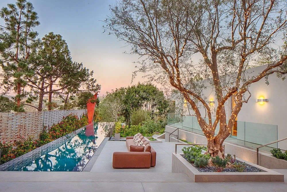 A serene outdoor space features a modern infinity pool reflecting the nearby trees and sky. The poolside area includes a large brown couch with decorative cushions, set against a backdrop of lush greenery and flowers. To the right, a decorative tree