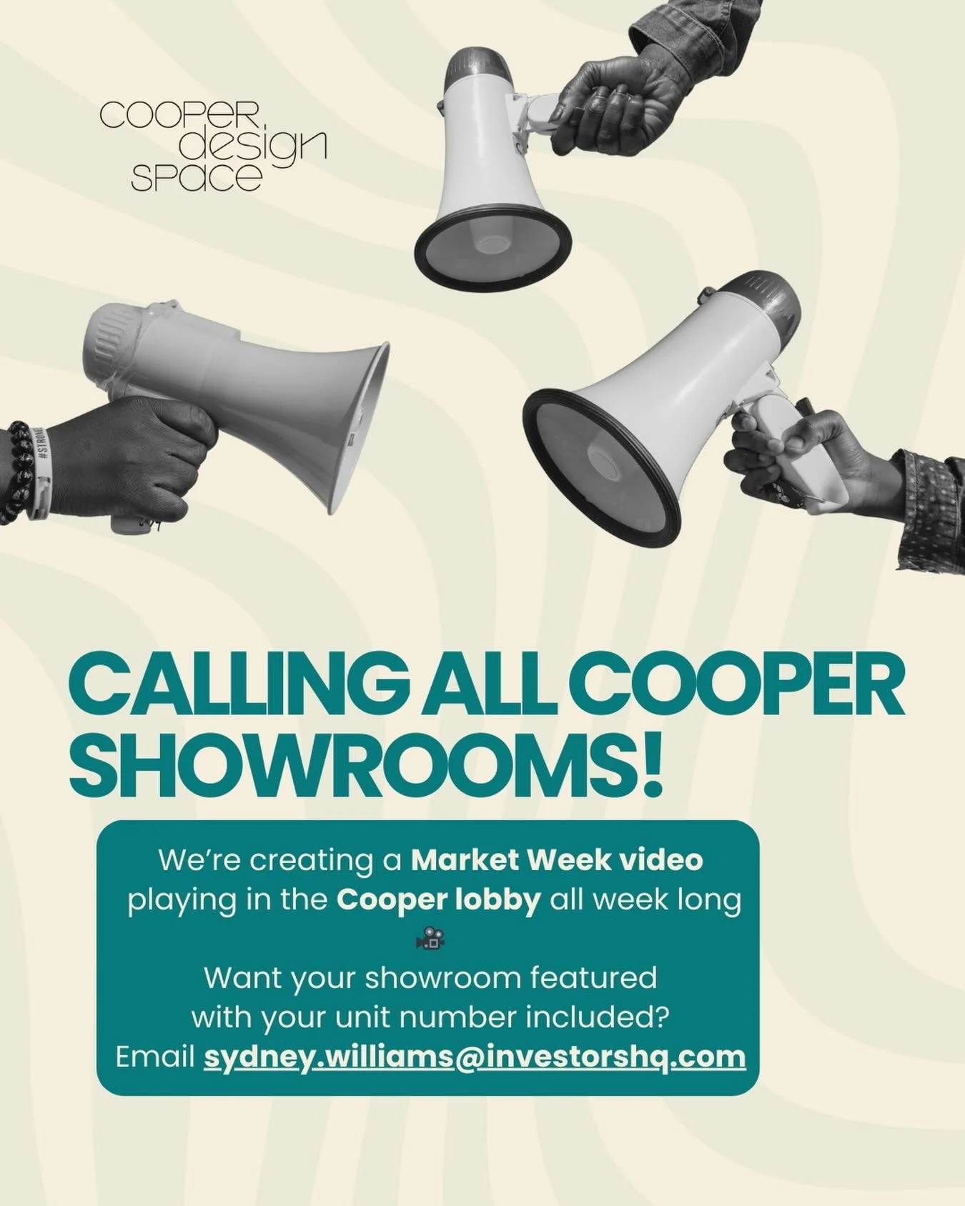 ATTENTION COOPER SHOWROOMS 📣

We&rsquo;re putting together a Market Week video that will be playing in the Cooper lobby throughout the week. This is a great opportunity to showcase your collection and brand to every buyer walking through the buildin