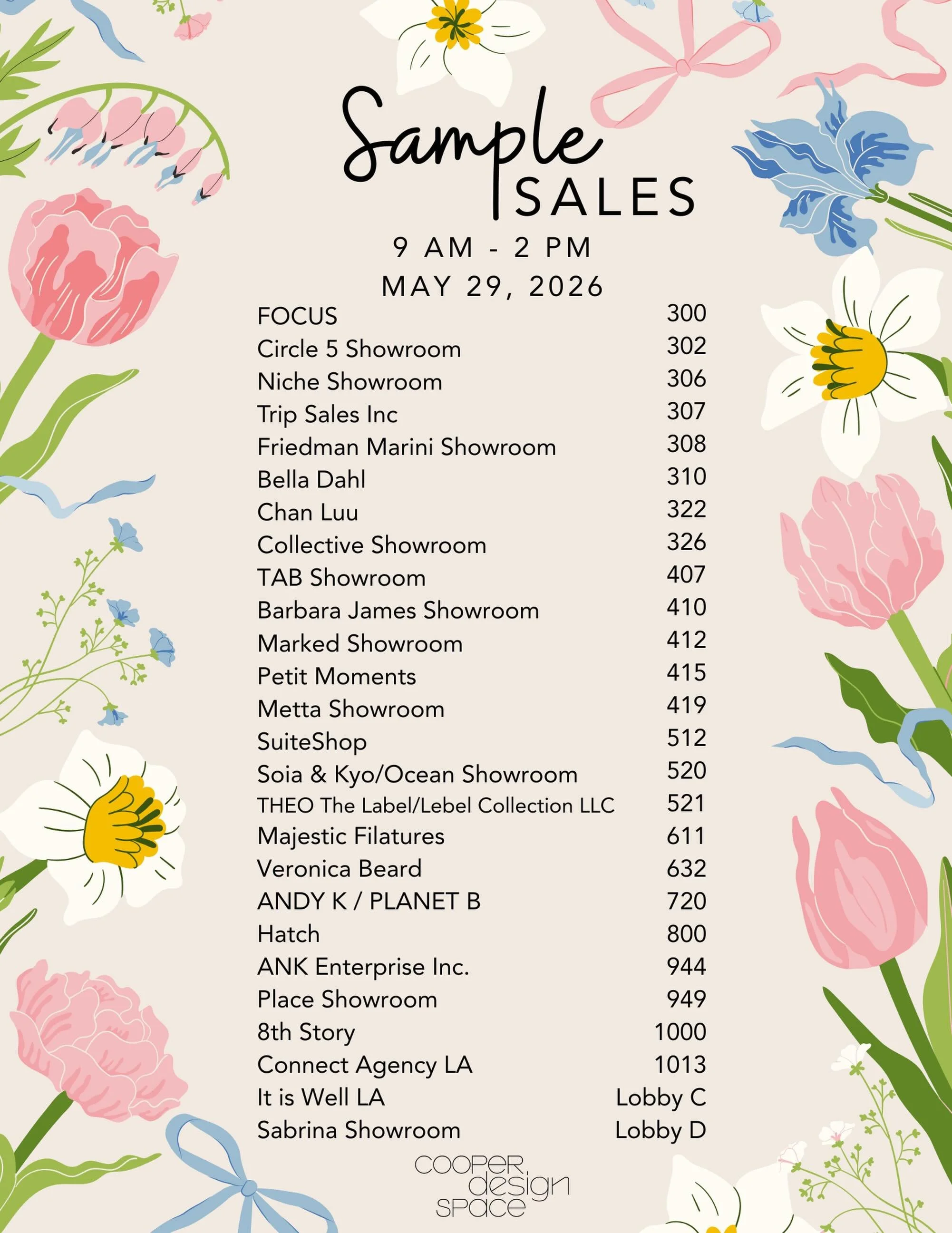 It&rsquo;s that time! 🌷 Sample Sale Friday is back tomorrow! With over 20 showrooms participating, this is one you DON&rsquo;T want to miss. 

📆 May 29th from 9AM-2PM
📍860 South Los Angeles Street

#samplesale