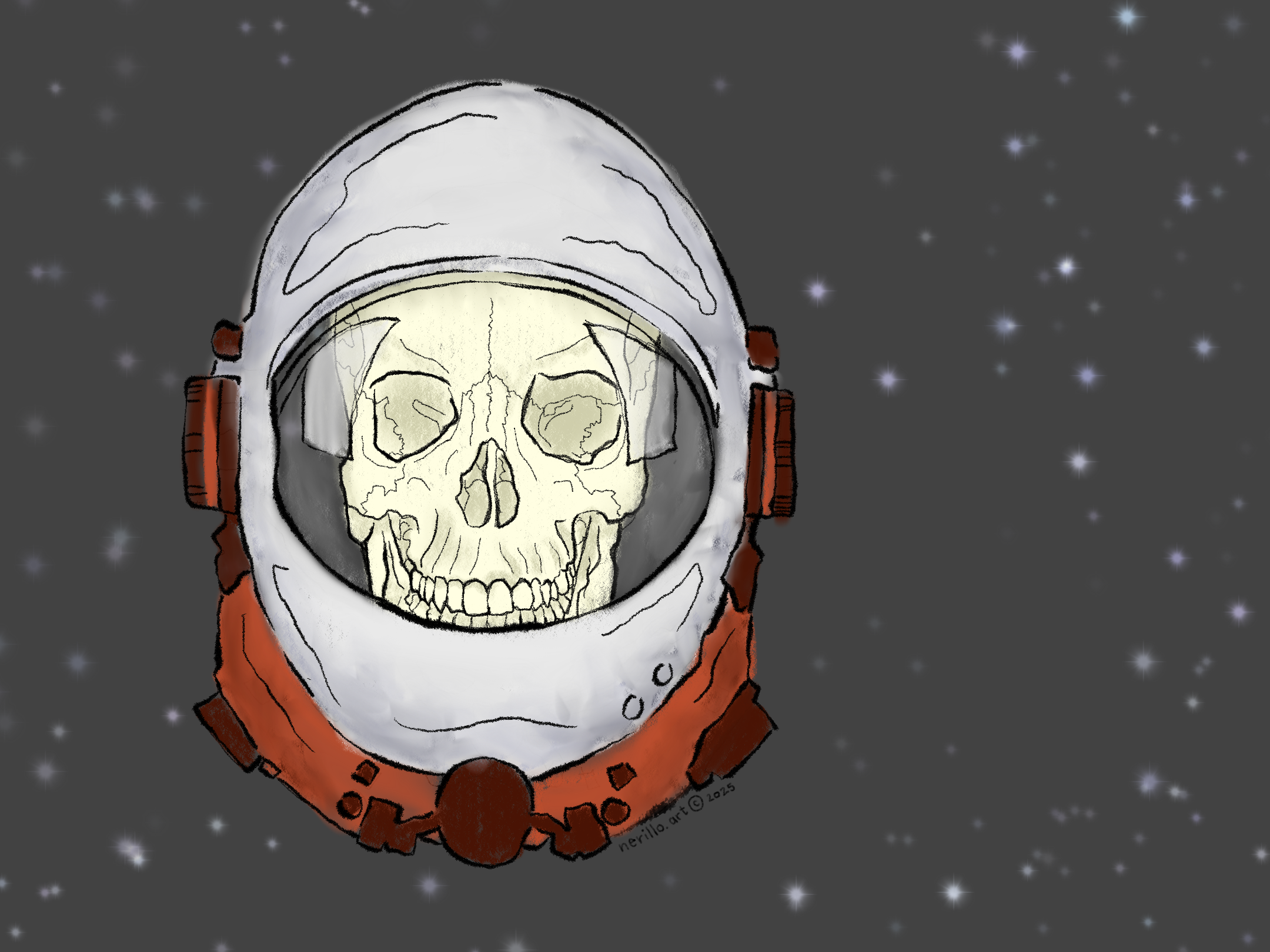 Illustration of a skull in a space helmet floating in space