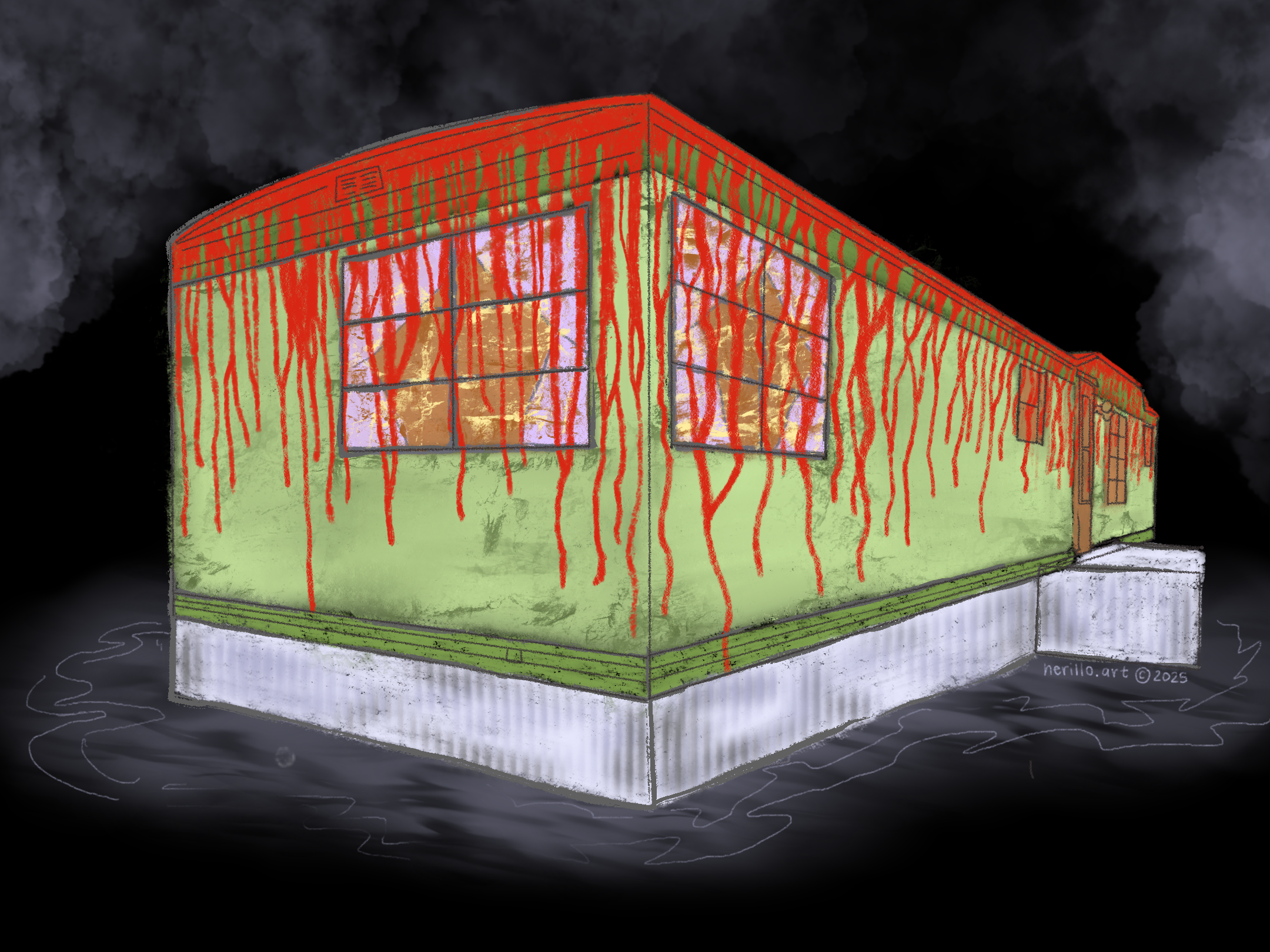 Illustration of a haunted single-wide trailer with blood dripping down the sides