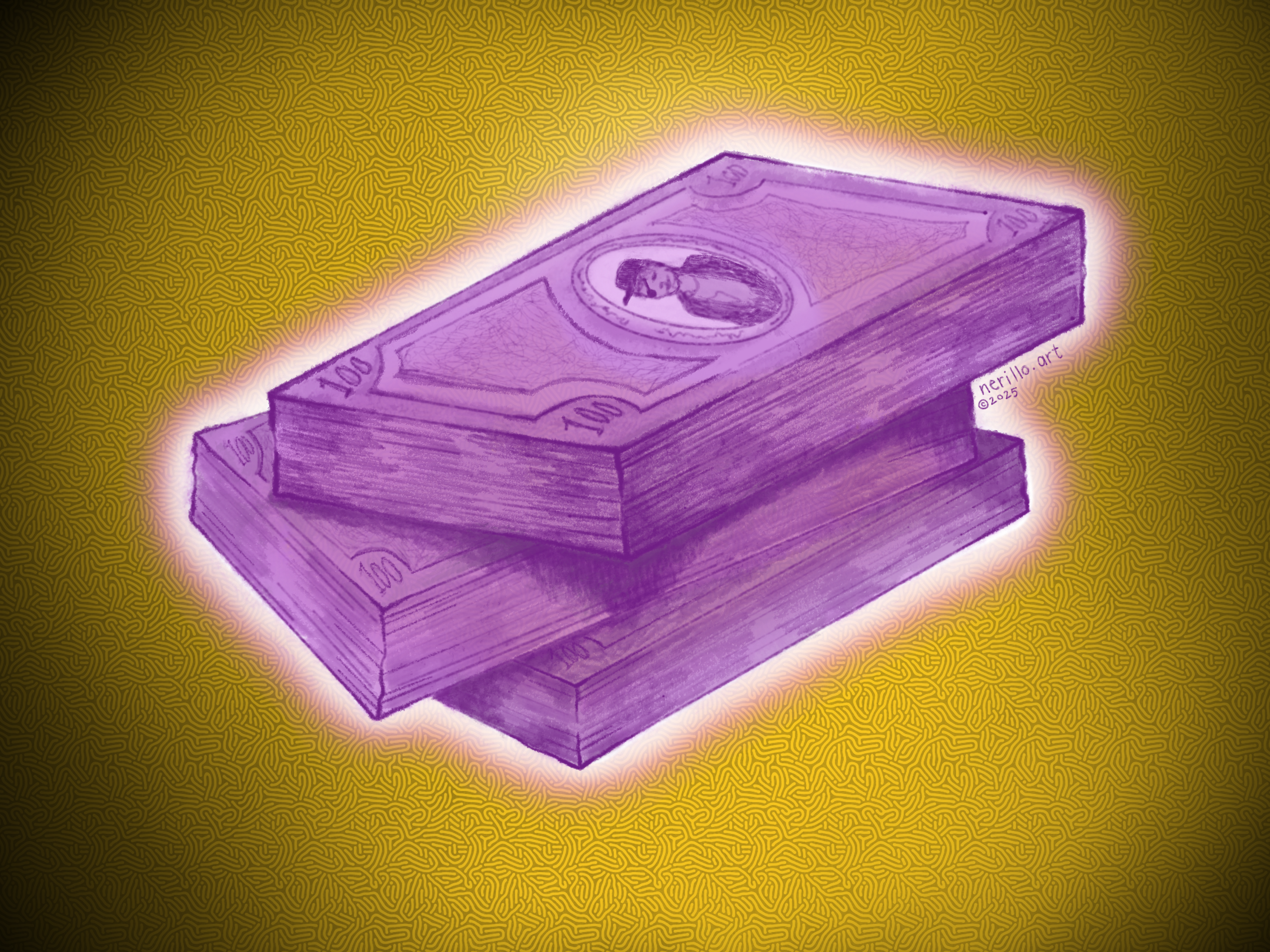 Illustration of a stack of purple cash with an person on the bills that wears an eye patch