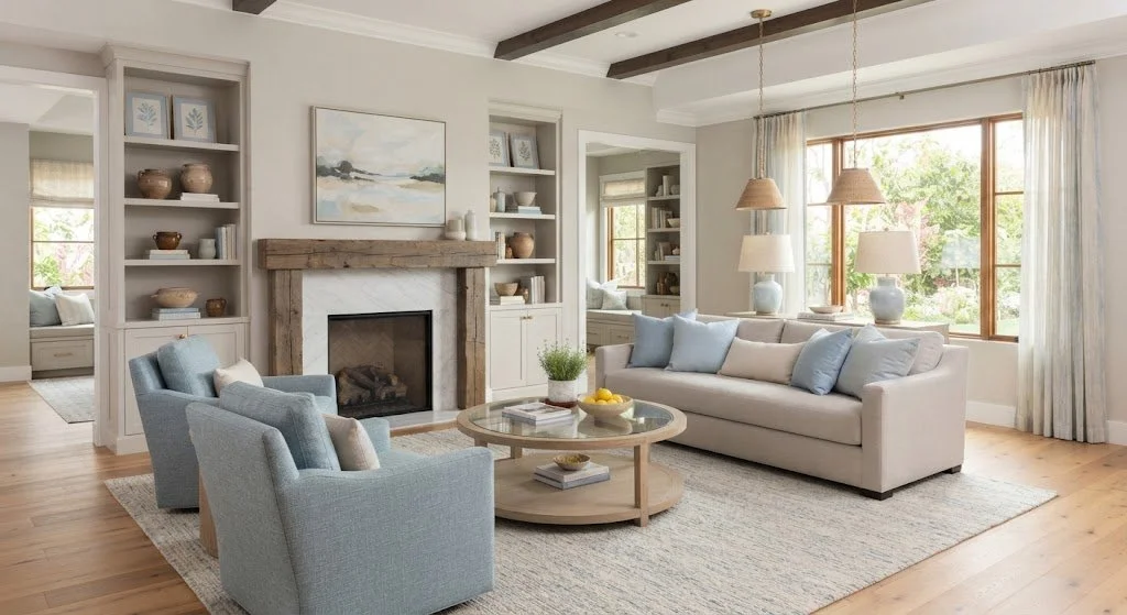 Living Rooms: Pale Blue and Soft Greige