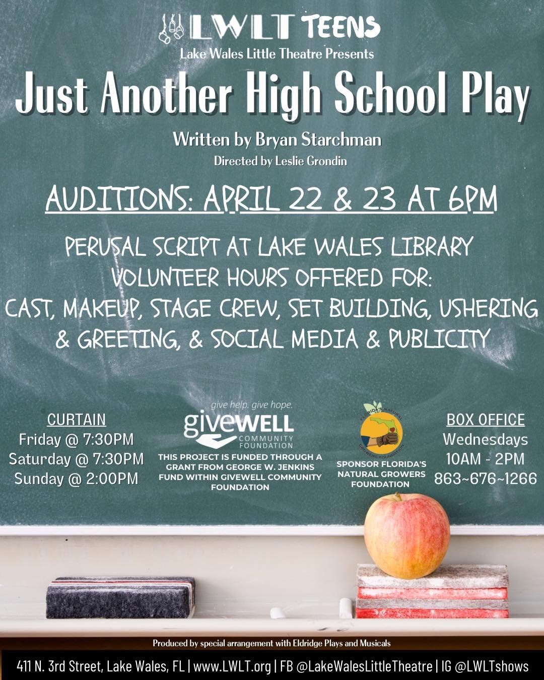 Audition Notice!! Calling actors, ages 13-18!

Teen Show Auditions will be held Monday and Tuesday, April 22nd and 23rd at 6pm. We hope to see you there! 

🏫 Just Another High School Play
📅 Show dates: June 7-16
📲 Learn more: www.LWLT.org

Online 