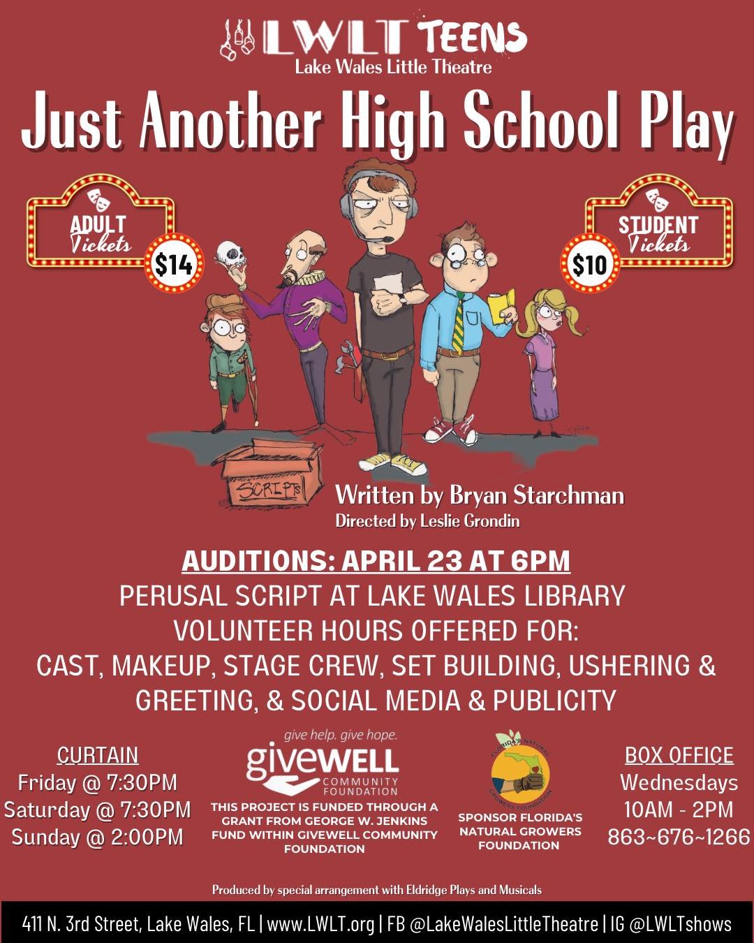 AUDITIONS TONIGHT!! Calling actors, ages 13-18!

Teen Show Auditions will be held Tuesday, April 23rd at 6pm. We hope to see you there! 

🏫 Just Another High School Play
📅 Show dates: June 7-16
📲 Learn more: www.LWLT.org

Online Script Preview: ht