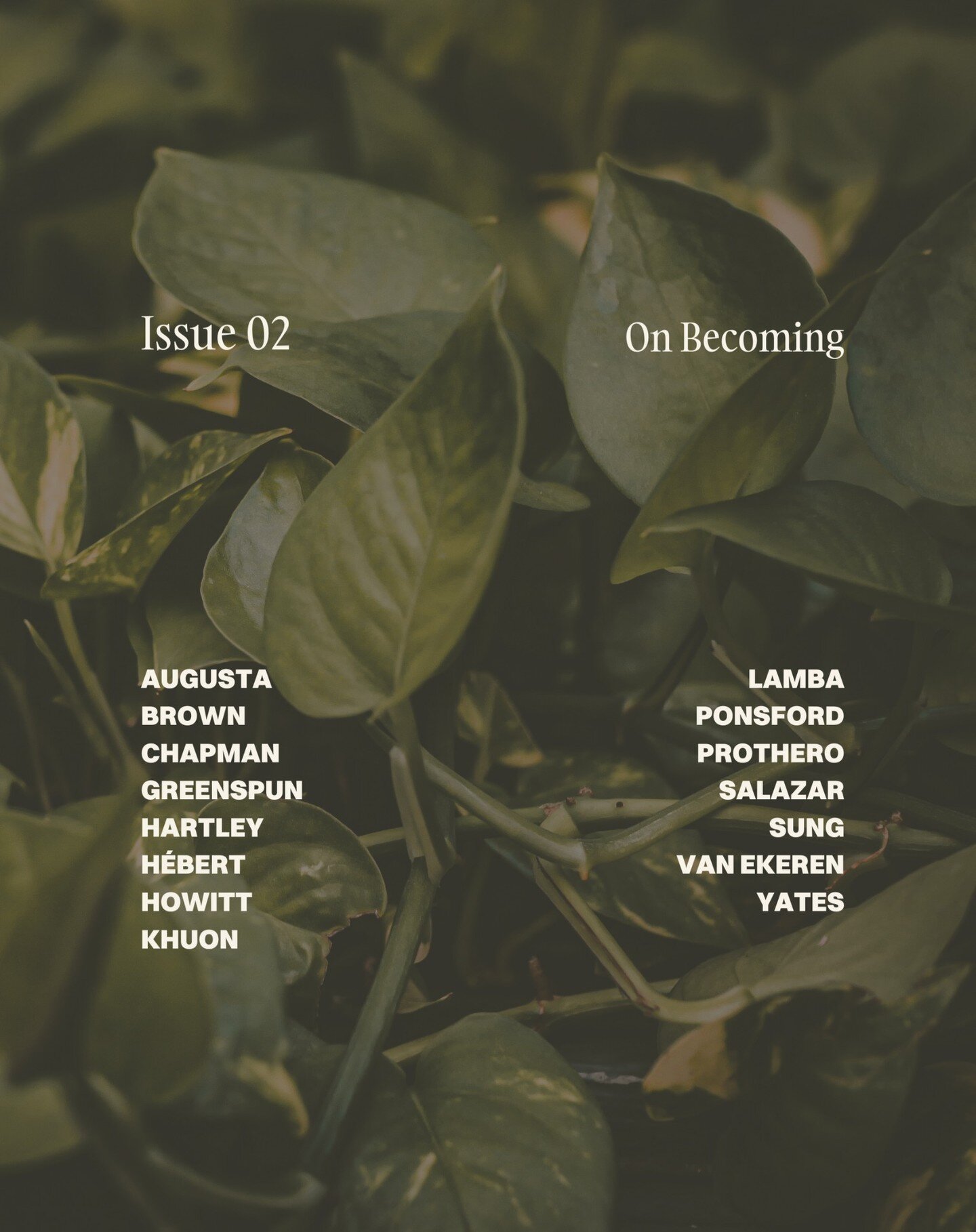Hot off the press! Get your copy of Issue 02, up on the website today.

Incredibly proud to publish these 15 authors.