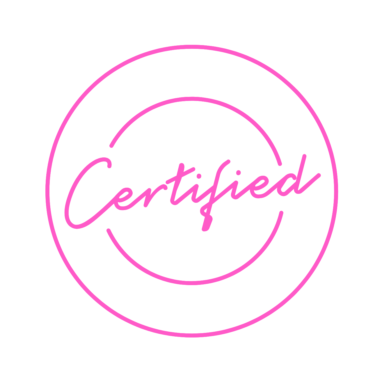 A circular badge with pink and white text on a black background that reads 'Certified 305 Instructor' with 'Certified' in pink cursive overlaying the number '305' in large white digits, and 'Instructor' in white uppercase around the circle's border.