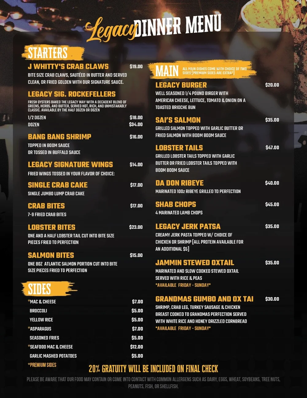 Menus — Legacy Restaurant & Lounge