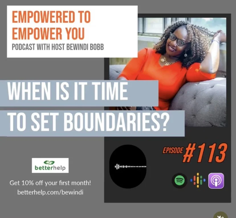 Podcast cover titled 'Empowered to Empower You' with host Bewindi Bobb, featuring a woman with curly hair and glasses sitting on a sofa in a red top, promoting episode 113 on setting boundaries, with logos for Spotify, Google Podcasts, and Apple Podcasts.