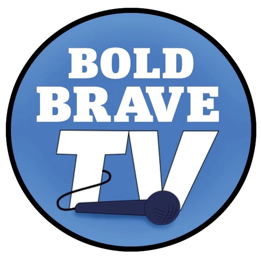 A circular logo with a blue background and black border that features the words 'BOLD BRAVE TV' in white font, with a megaphone illustration beneath the text.