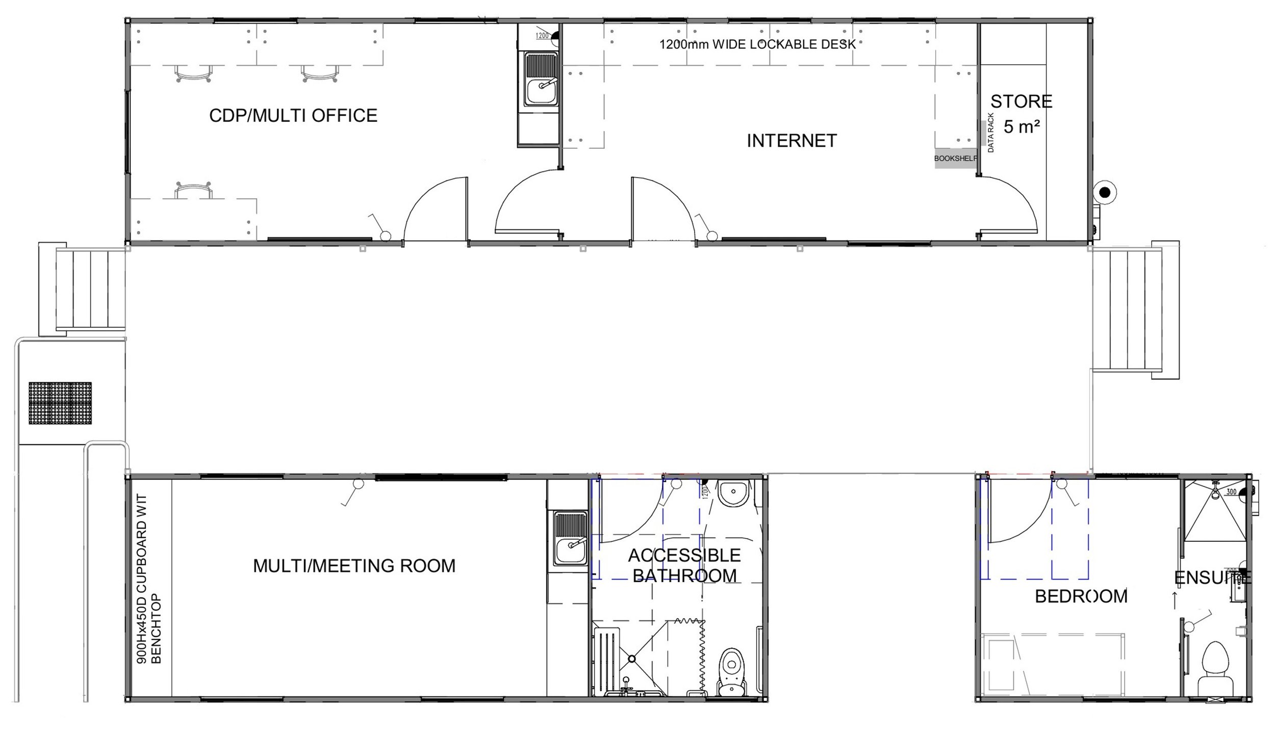 Plan drawing of Timber Creek community service hub, showing an office, internet room, store room, meeting room, bathroom and bedroom with ensuite. Through the middle is a breezeway