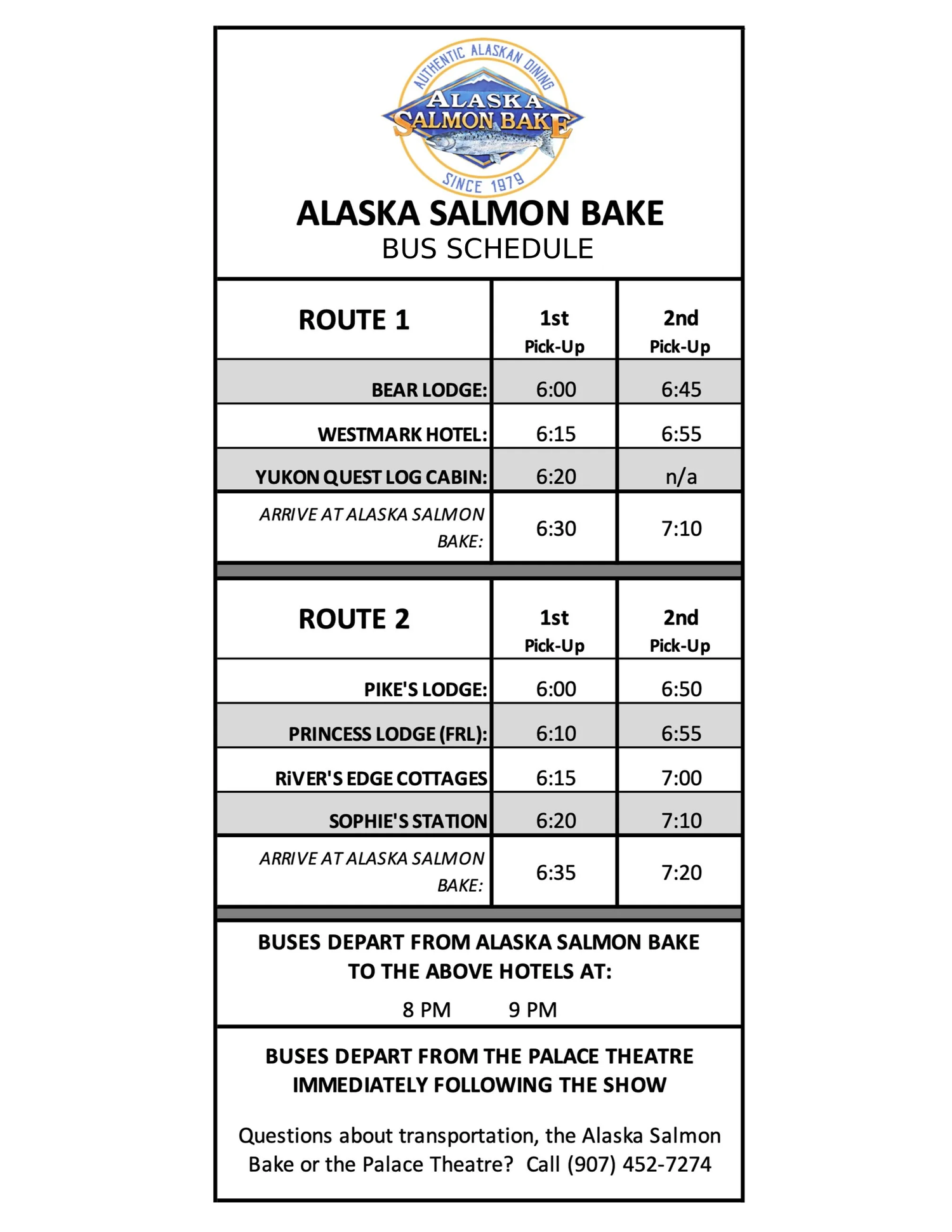 Bus Schedule — Alaska Salmon Bake Fairbanks, AK