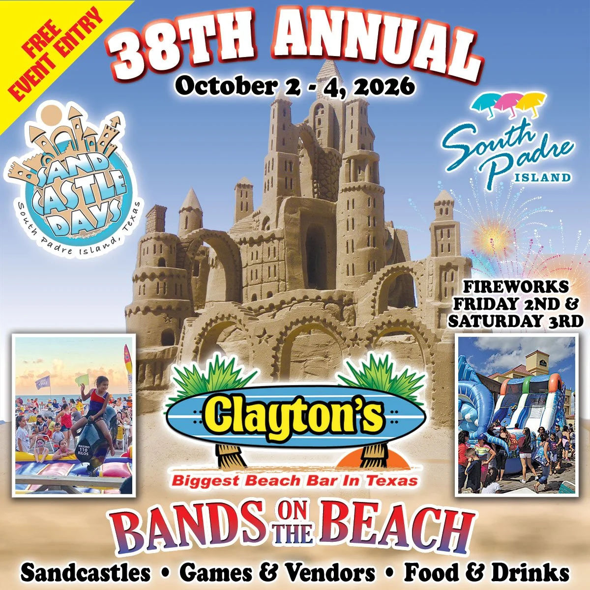 Join us on South Padre Island for the 38th Annual Sandcastle Days, October 2–4, 2026! Come experience amazing sand sculptures, family fun, and a weekend of beachside entertainment. Free entry for everyone! 