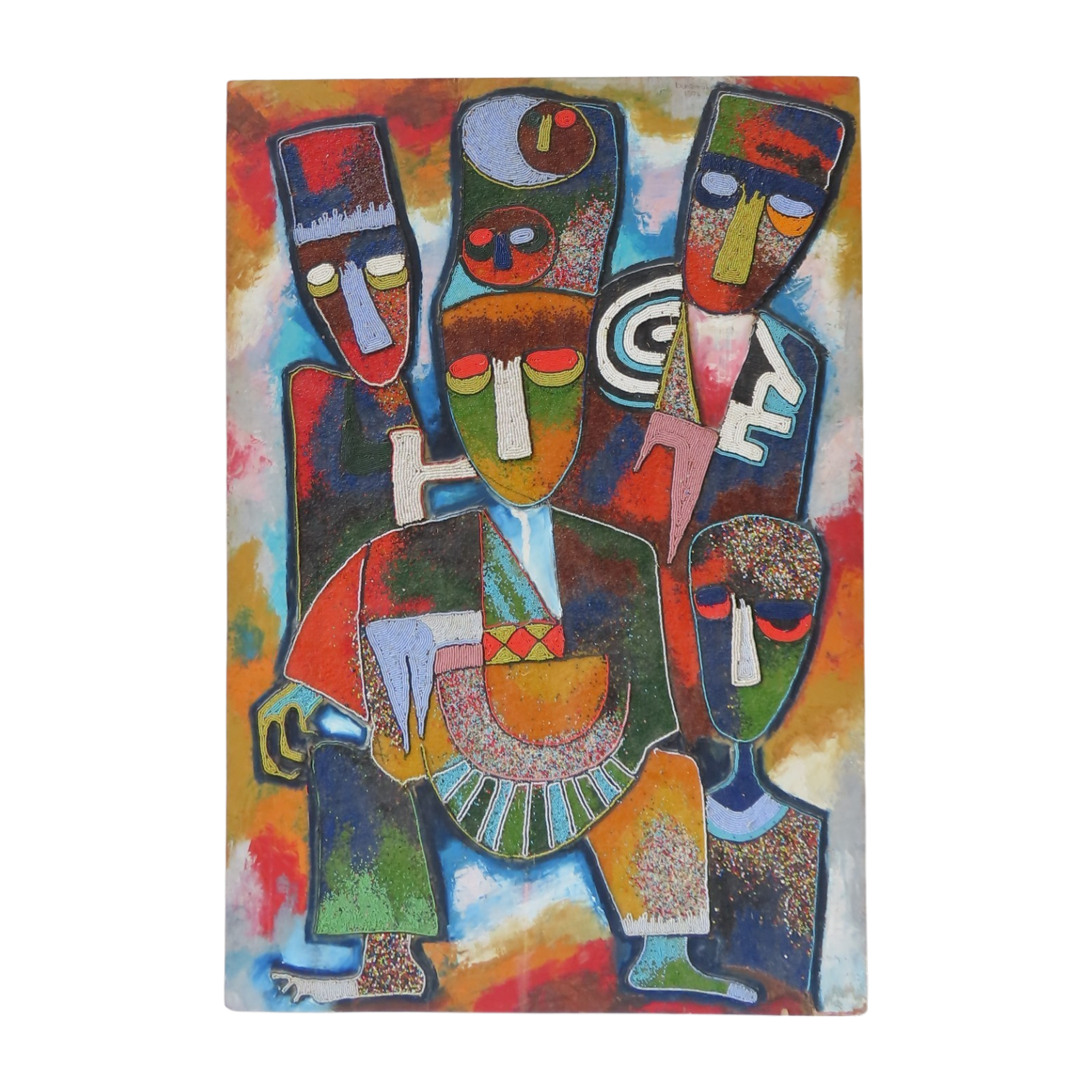 JIMOH BURAIMOH (Nigerian, b.1943) UNTITLED OIL ON BOARD/BEAD WORK (1974) depicting four figures signed and dated along top edge 122 x 83 cm