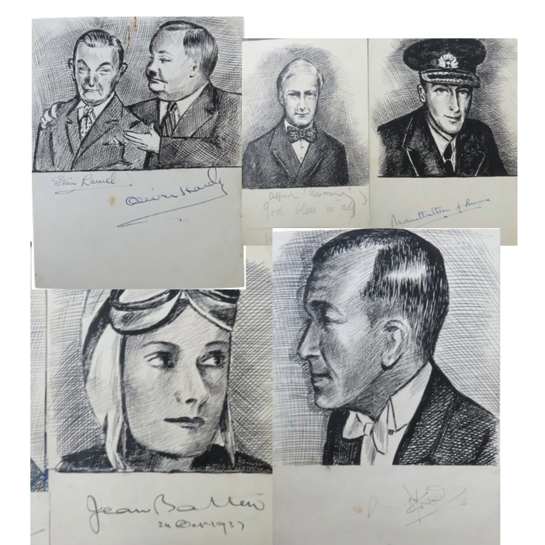 AN UNUSUAL AND INTERESTING COLLECTION OF AUTOGRAPHS comprising of around 85 signatures signed on black pen and ink sketches of the signees and compiled, according to many accompanying letters of receipt and acknowledgment, by a Miss Lillian Levy who 