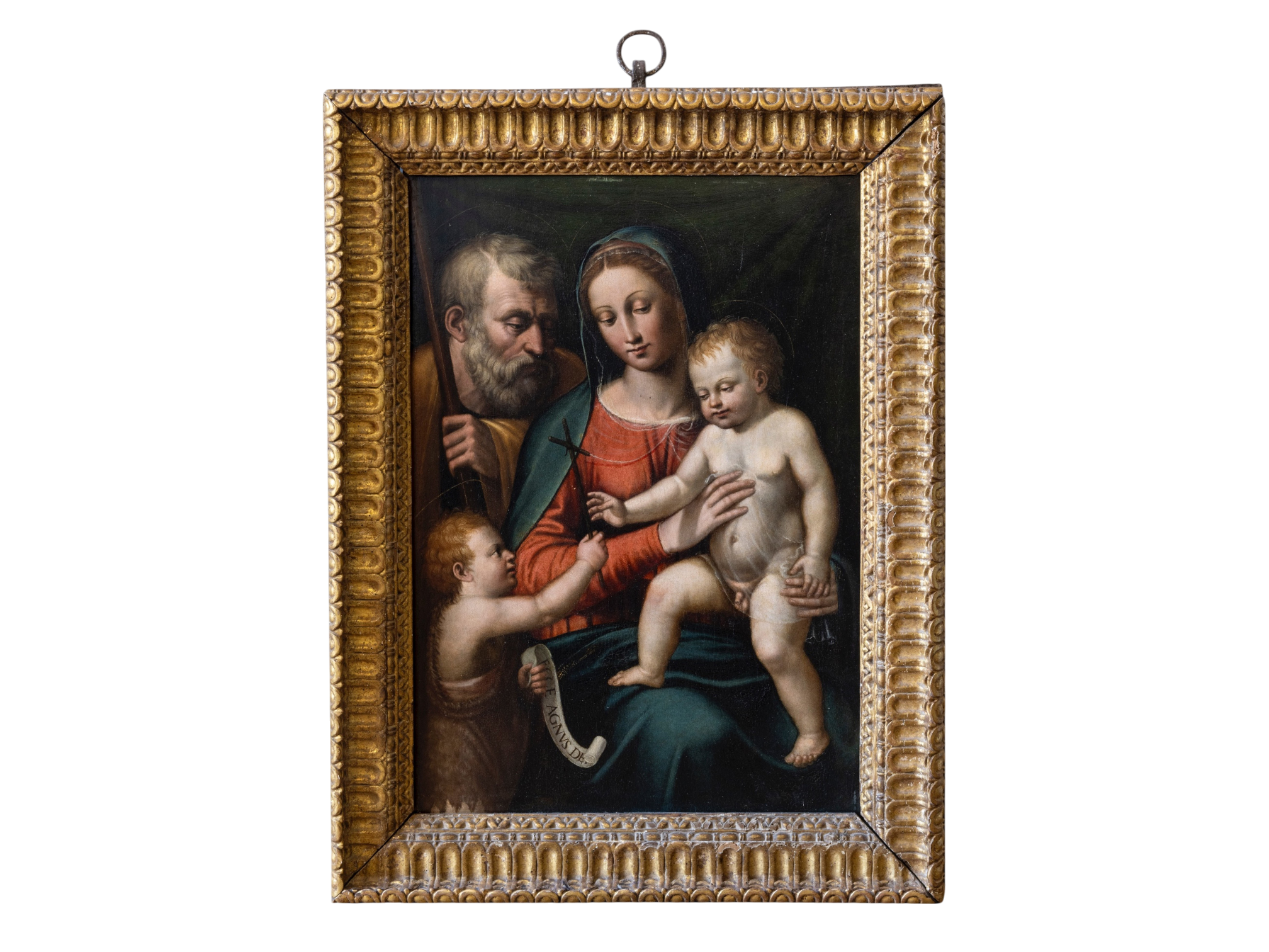 CIRCLE OF PERINO DEL VAGA (1501-1547) 'THE HOLY FAMILY WITH THE INFANT SAINT JOHN THE BAPTIST' OIL PAINTING ON BOARD inscribed 'ECCE AGNVS DEI' on the scroll