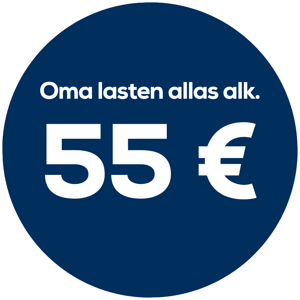 Sininen pyöreä pohja, jossa sanotaan, että oma lasten allasvuokraus alkaen 55 euroa.