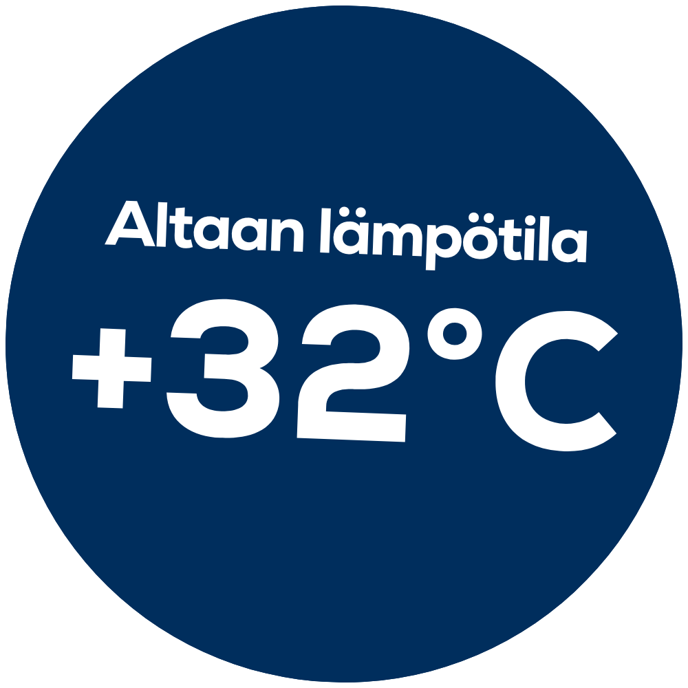 Tummansinisellä taustalla pyöreä kyltti, jossa texti 'Altaan lämpötila +32°C'.